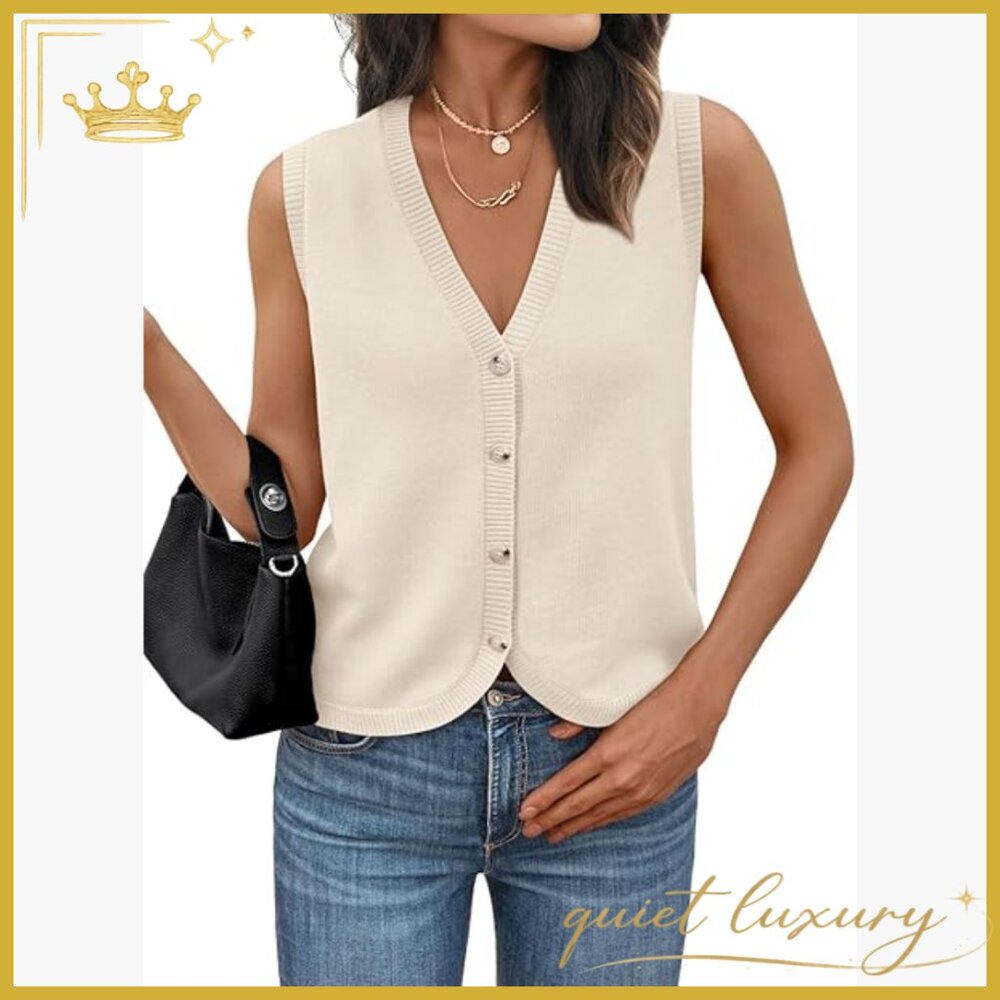 V-Neck Sweater Vest Sleeveless Button Down Knit Layering Top